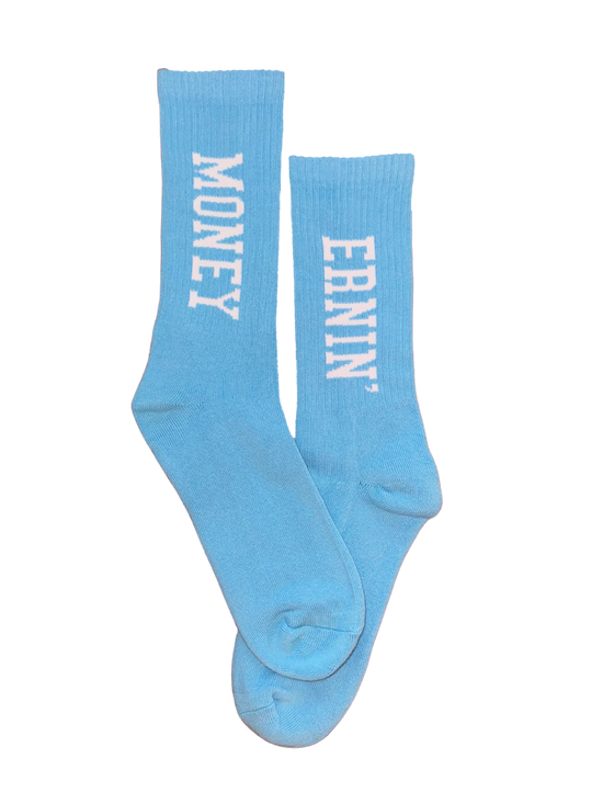 Money Ernin' Socks - Carolina Blue + White